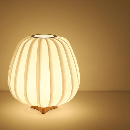 Traditional Japanese Fabric Round Cage Solid Wood 1-Light Table Lamp For Bedroom