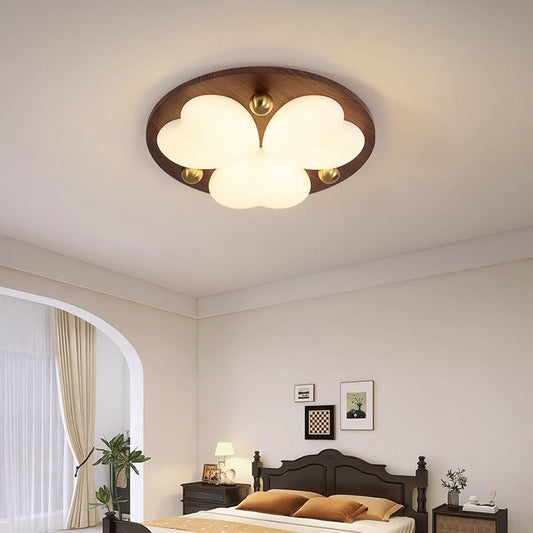 Contemporary Retro Solid Wood PE Cloud Shade LED Flush Mount Ceiling Light For Bedroom