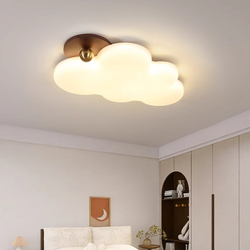 Contemporary Retro Solid Wood PE Cloud Shade LED Flush Mount Ceiling Light For Bedroom