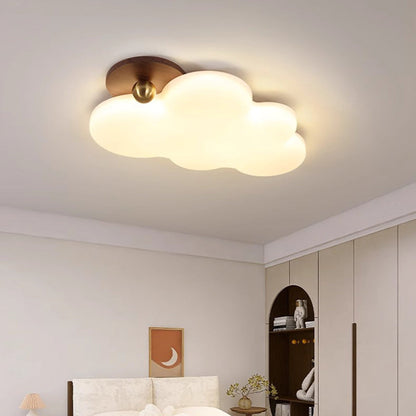 Contemporary Retro Solid Wood PE Cloud Shade LED Flush Mount Ceiling Light For Bedroom