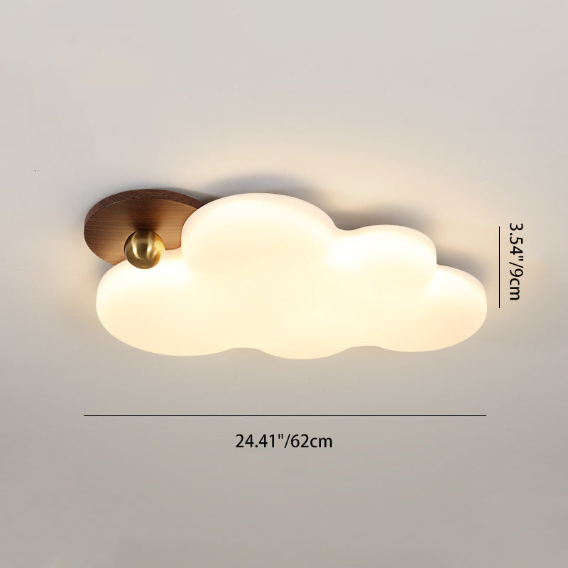 Contemporary Retro Solid Wood PE Cloud Shade LED Flush Mount Ceiling Light For Bedroom