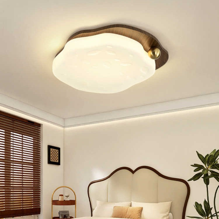 Contemporary Retro Iron Walnut Wood Grain PE Round Shade LED Flush Mount Ceiling Light For Bedroom