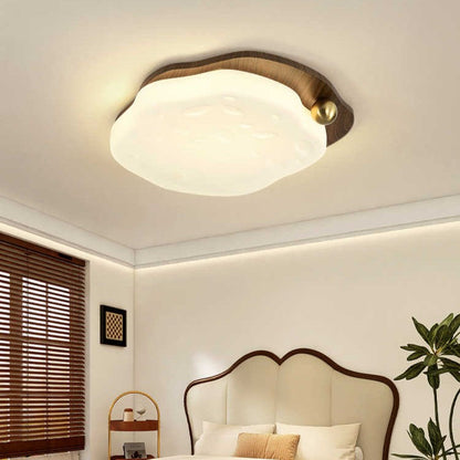 Contemporary Retro Iron Walnut Wood Grain PE Round Shade LED Flush Mount Ceiling Light For Bedroom