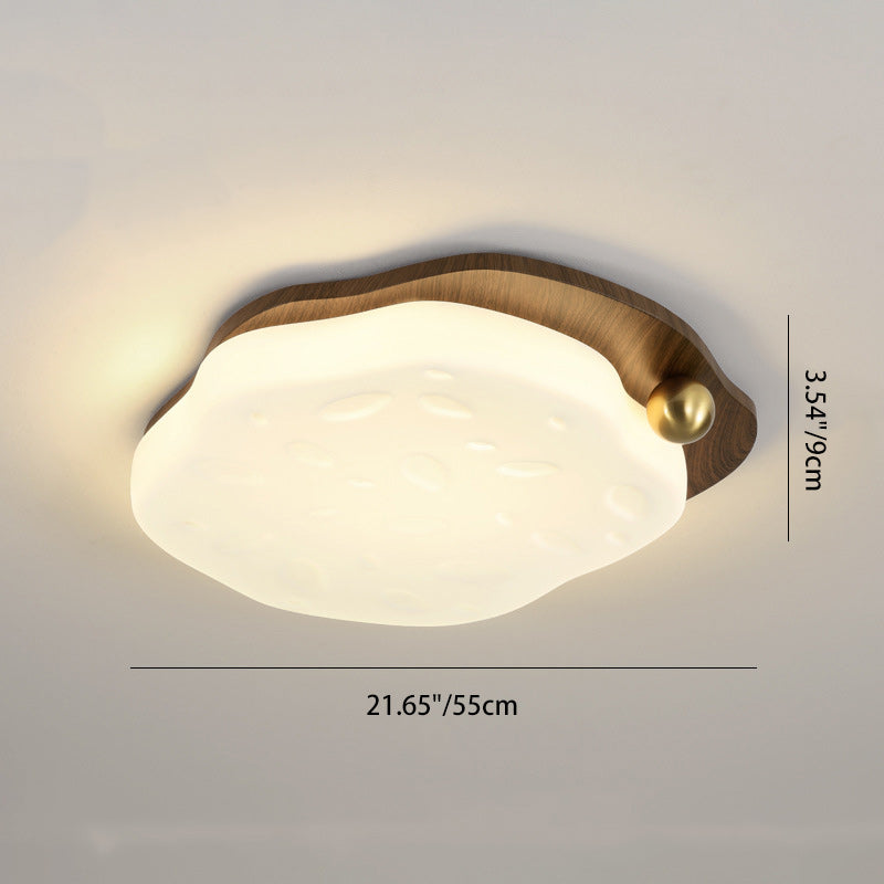 Contemporary Retro Iron Walnut Wood Grain PE Round Shade LED Flush Mount Ceiling Light For Bedroom