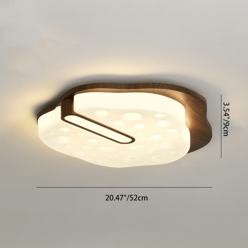 Contemporary Retro Iron Walnut Wood Grain PE Round Shade LED Flush Mount Ceiling Light For Bedroom