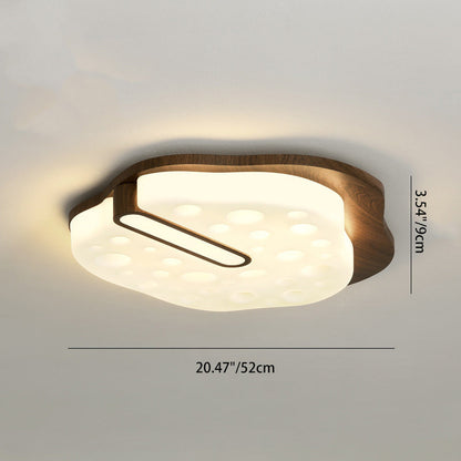 Contemporary Retro Iron Walnut Wood Grain PE Round Shade LED Flush Mount Ceiling Light For Bedroom