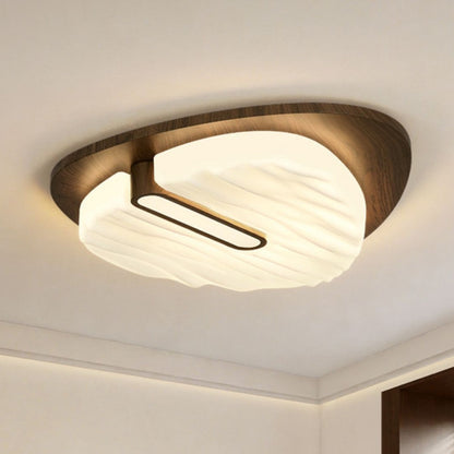 Contemporary Retro Iron Walnut Wood Grain PE Round Shade LED Flush Mount Ceiling Light For Bedroom