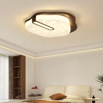 Contemporary Retro Iron Walnut Wood Grain PE Round Shade LED Flush Mount Ceiling Light For Bedroom