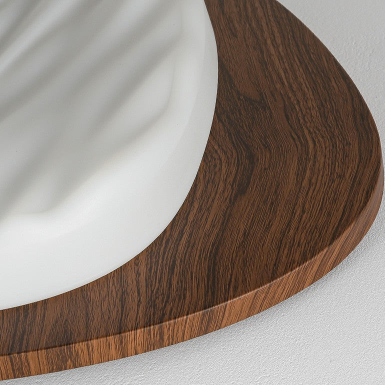 Contemporary Retro Iron Walnut Wood Grain PE Round Shade LED Flush Mount Ceiling Light For Bedroom