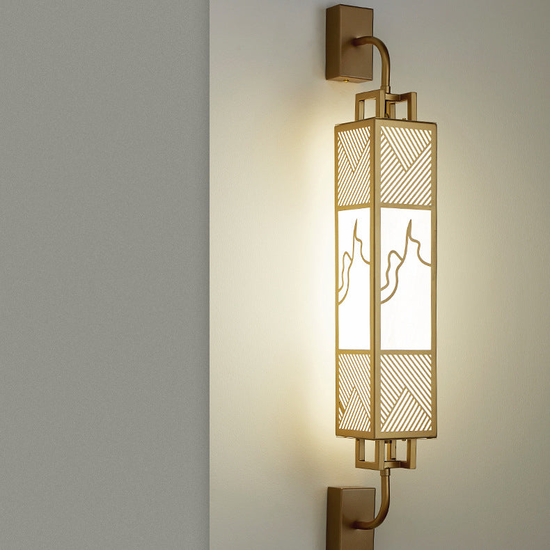 Traditional Chinese Carbon Steel Imitation Marble Rectangular Shade LED Wall Sconce Lamp For Living Room