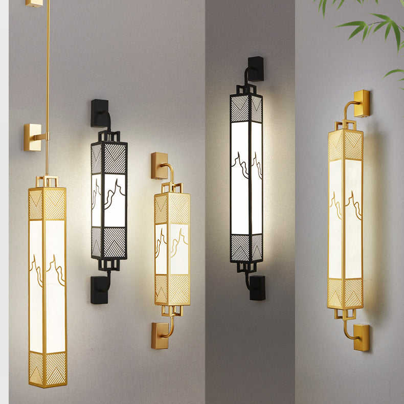 Traditional Chinese Carbon Steel Imitation Marble Rectangular Shade LED Wall Sconce Lamp For Living Room