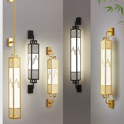 Traditional Chinese Carbon Steel Imitation Marble Rectangular Shade LED Wall Sconce Lamp For Living Room