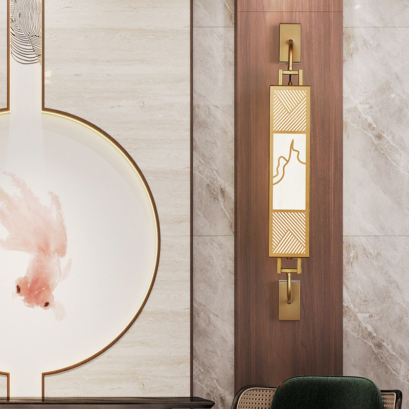 Traditional Chinese Carbon Steel Imitation Marble Rectangular Shade LED Wall Sconce Lamp For Living Room