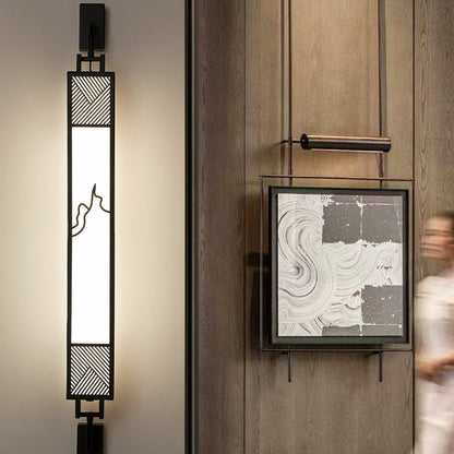 Traditional Chinese Carbon Steel Imitation Marble Rectangular Shade LED Wall Sconce Lamp For Living Room