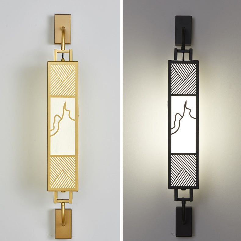 Traditional Chinese Carbon Steel Imitation Marble Rectangular Shade LED Wall Sconce Lamp For Living Room