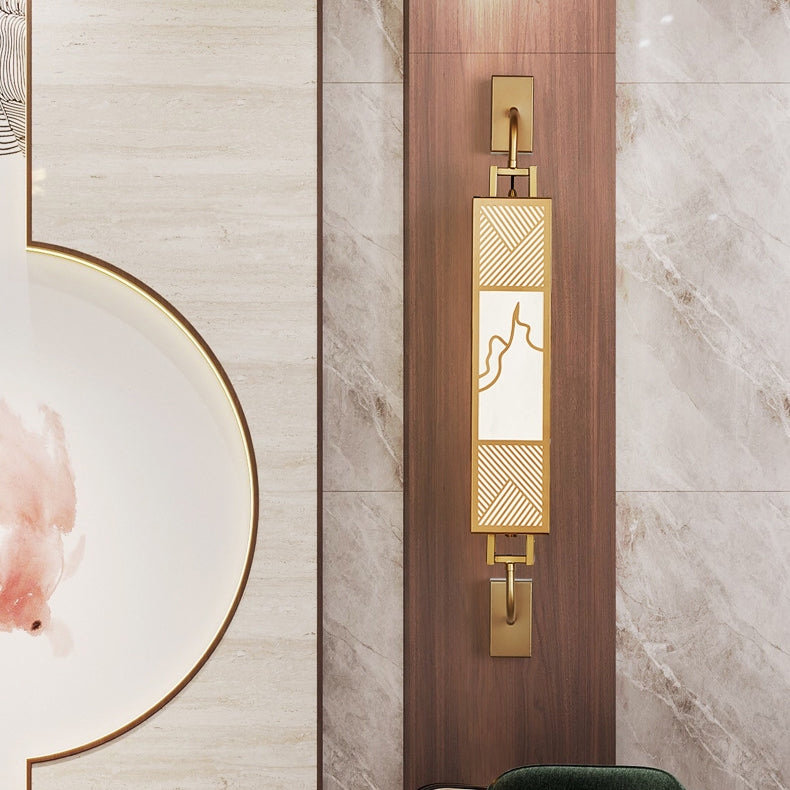 Traditional Chinese Carbon Steel Imitation Marble Rectangular Shade LED Wall Sconce Lamp For Living Room