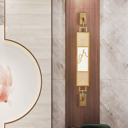 Traditional Chinese Carbon Steel Imitation Marble Rectangular Shade LED Wall Sconce Lamp For Living Room