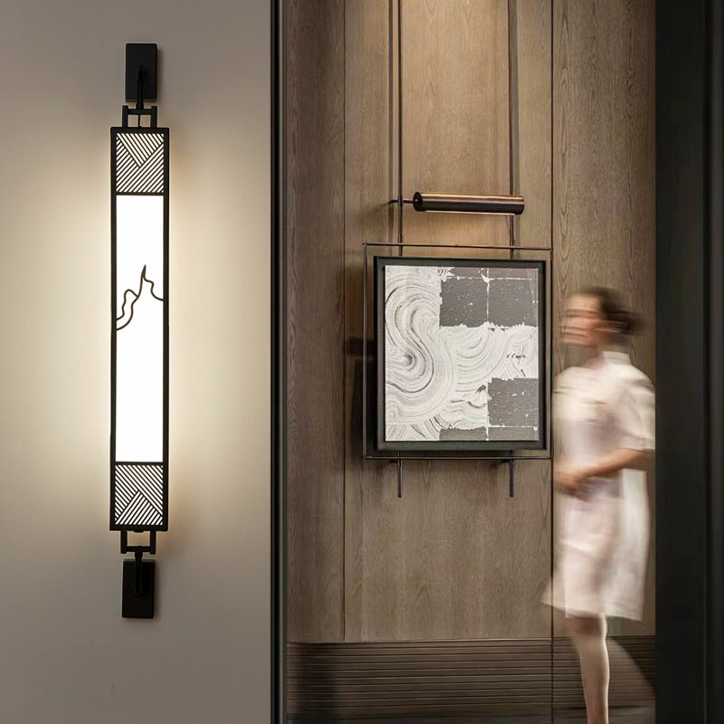 Traditional Chinese Carbon Steel Imitation Marble Rectangular Shade LED Wall Sconce Lamp For Living Room