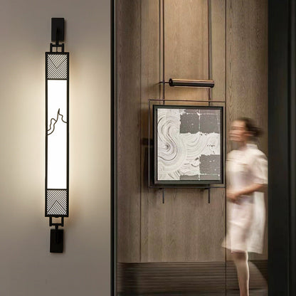 Traditional Chinese Carbon Steel Imitation Marble Rectangular Shade LED Wall Sconce Lamp For Living Room