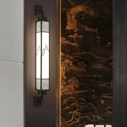 Traditional Chinese Carbon Steel Imitation Marble Rectangular Shade LED Wall Sconce Lamp For Living Room