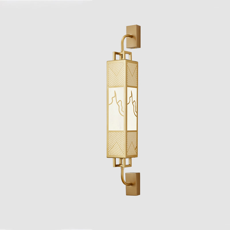 Traditional Chinese Carbon Steel Imitation Marble Rectangular Shade LED Wall Sconce Lamp For Living Room