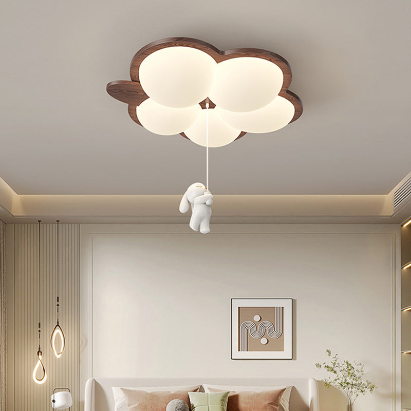 Contemporary Retro Wood Grain Rabbit PE Grape Shade LED Flush Mount Ceiling Light For Bedroom