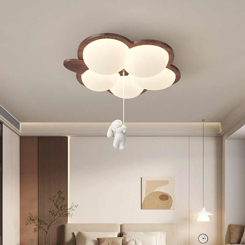 Contemporary Retro Wood Grain Rabbit PE Grape Shade LED Flush Mount Ceiling Light For Bedroom