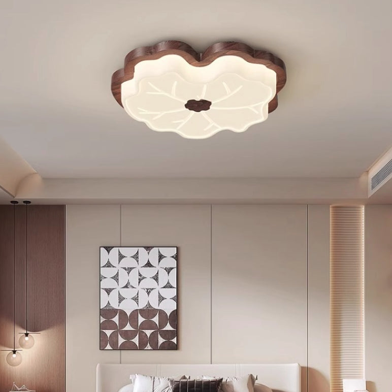 Contemporary Retro Wood Grain PE Lotus Leaf Shade LED Flush Mount Ceiling Light For Bedroom