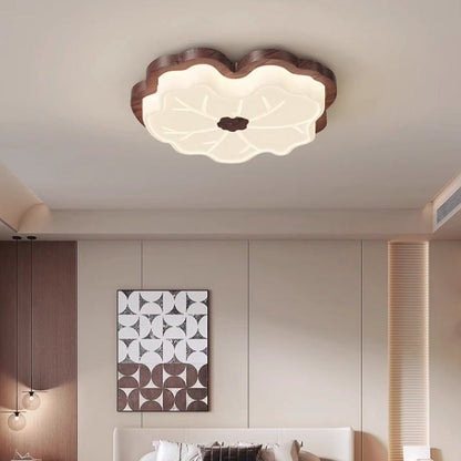 Contemporary Retro Wood Grain PE Lotus Leaf Shade LED Flush Mount Ceiling Light For Bedroom