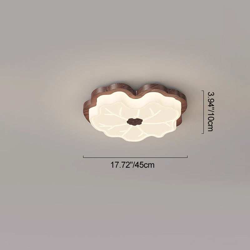 Contemporary Retro Wood Grain PE Lotus Leaf Shade LED Flush Mount Ceiling Light For Bedroom