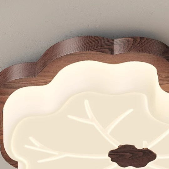 Contemporary Retro Wood Grain PE Lotus Leaf Shade LED Flush Mount Ceiling Light For Bedroom