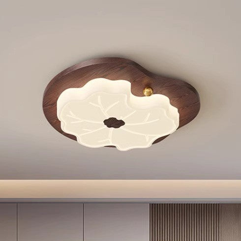 Contemporary Retro Wood Grain PE Lotus Leaf Shade LED Flush Mount Ceiling Light For Bedroom