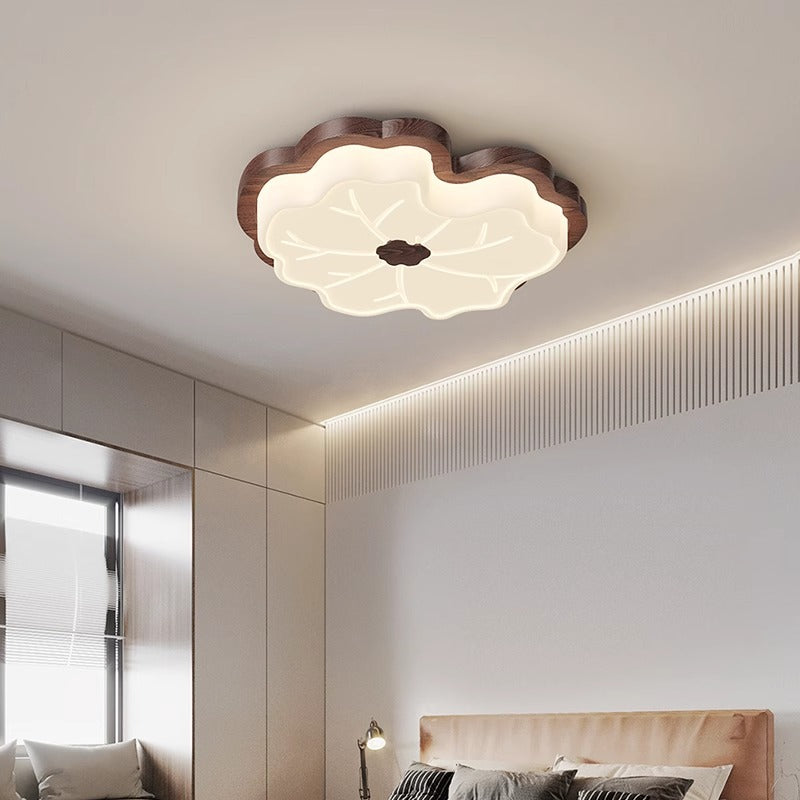 Contemporary Retro Wood Grain PE Lotus Leaf Shade LED Flush Mount Ceiling Light For Bedroom
