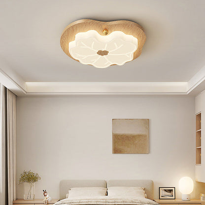 Contemporary Retro Wood Grain PE Lotus Leaf Shade LED Flush Mount Ceiling Light For Bedroom