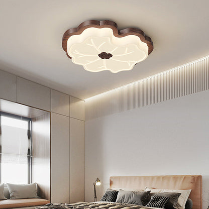 Contemporary Retro Wood Grain PE Lotus Leaf Shade LED Flush Mount Ceiling Light For Bedroom