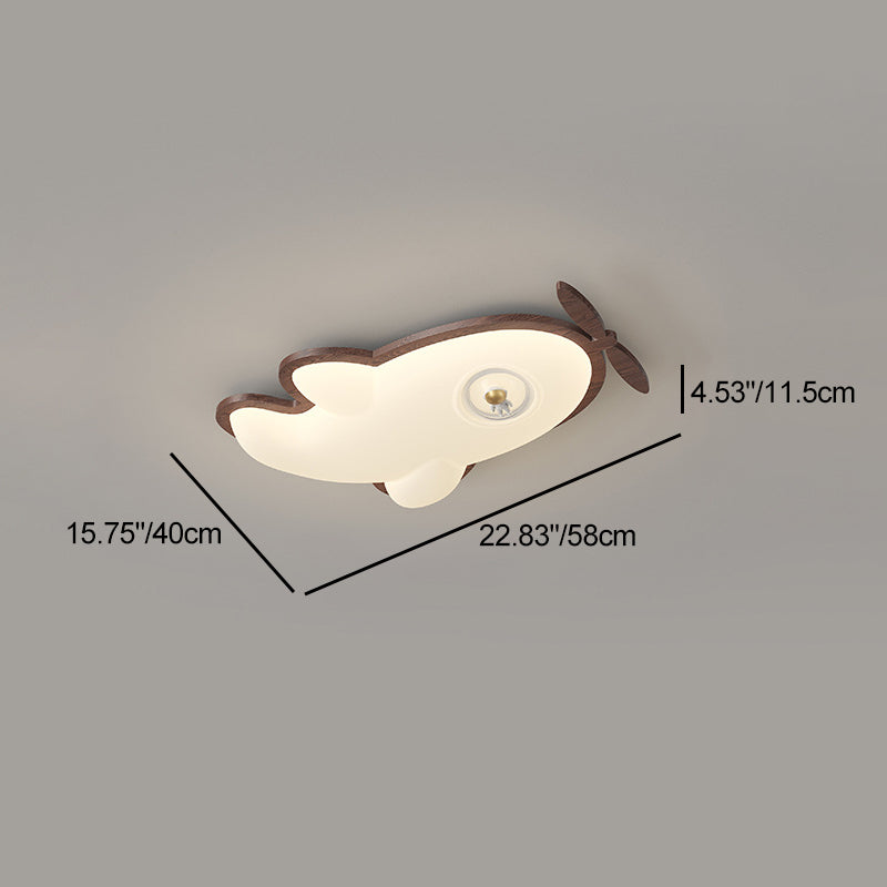 Contemporary Creative Cartoon Aircraft PE Shade Solid Wood LED Flush Mount Ceiling Light For Bedroom