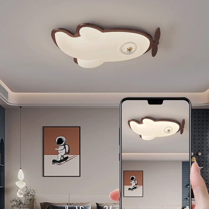 Contemporary Creative Cartoon Aircraft PE Shade Solid Wood LED Flush Mount Ceiling Light For Bedroom