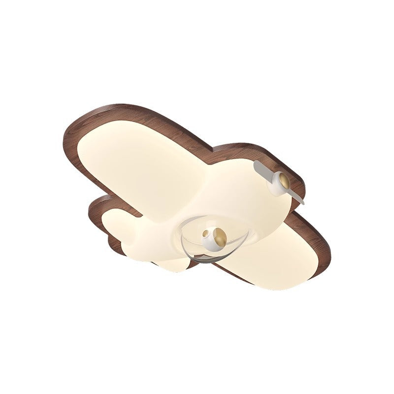 Contemporary Creative Cartoon Aircraft PE Shade Solid Wood LED Flush Mount Ceiling Light For Bedroom