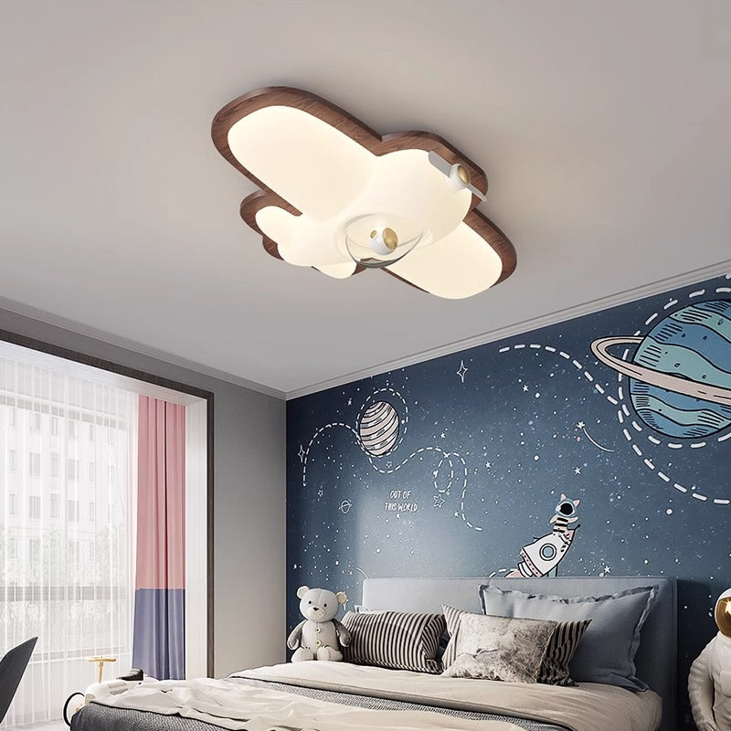 Contemporary Creative Cartoon Aircraft PE Shade Solid Wood LED Flush Mount Ceiling Light For Bedroom