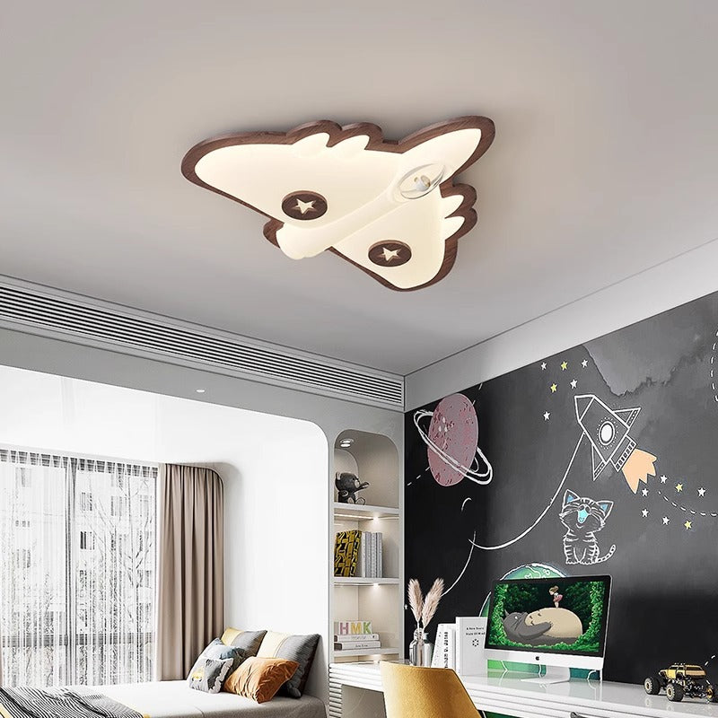 Contemporary Creative Cartoon Aircraft PE Shade Solid Wood LED Flush Mount Ceiling Light For Bedroom