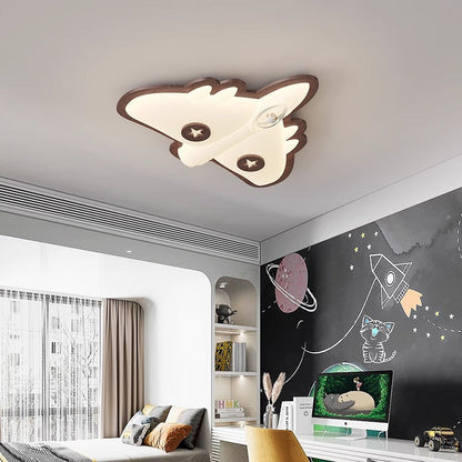 Contemporary Creative Cartoon Aircraft PE Shade Solid Wood LED Flush Mount Ceiling Light For Bedroom