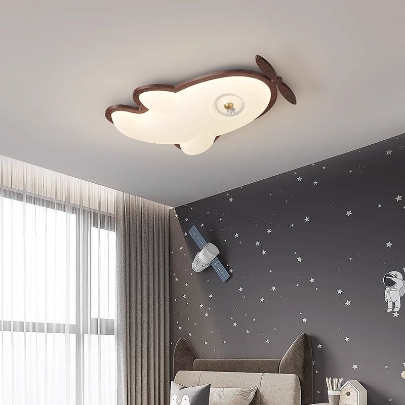 Contemporary Creative Cartoon Aircraft PE Shade Solid Wood LED Flush Mount Ceiling Light For Bedroom