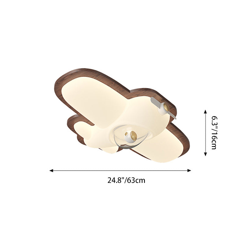 Contemporary Creative Cartoon Aircraft PE Shade Solid Wood LED Flush Mount Ceiling Light For Bedroom
