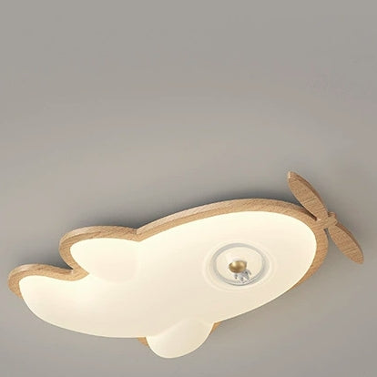 Contemporary Creative Cartoon Aircraft PE Shade Solid Wood LED Flush Mount Ceiling Light For Bedroom