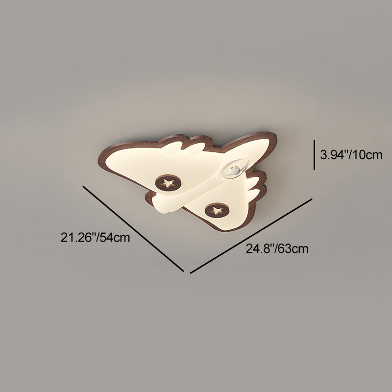 Contemporary Creative Cartoon Aircraft PE Shade Solid Wood LED Flush Mount Ceiling Light For Bedroom