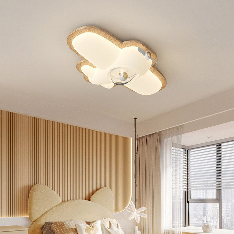Contemporary Creative Cartoon Aircraft PE Shade Solid Wood LED Flush Mount Ceiling Light For Bedroom