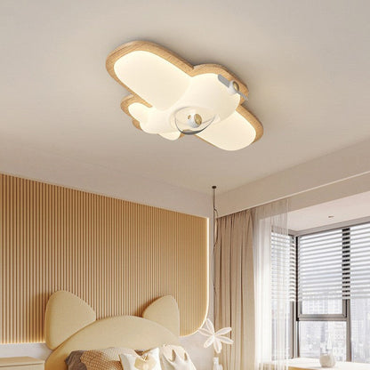 Contemporary Creative Cartoon Aircraft PE Shade Solid Wood LED Flush Mount Ceiling Light For Bedroom