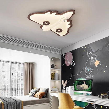 Contemporary Creative Cartoon Aircraft PE Shade Solid Wood LED Flush Mount Ceiling Light For Bedroom