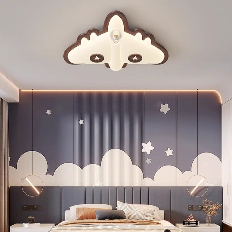 Contemporary Creative Cartoon Aircraft PE Shade Solid Wood LED Flush Mount Ceiling Light For Bedroom