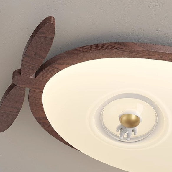 Contemporary Creative Cartoon Aircraft PE Shade Solid Wood LED Flush Mount Ceiling Light For Bedroom